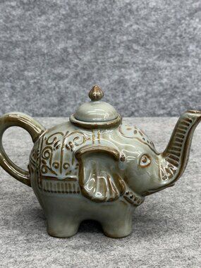 Vintage Pier 1 Imports Elephant Stoneware Teapot Sage Green Brown Discontinued